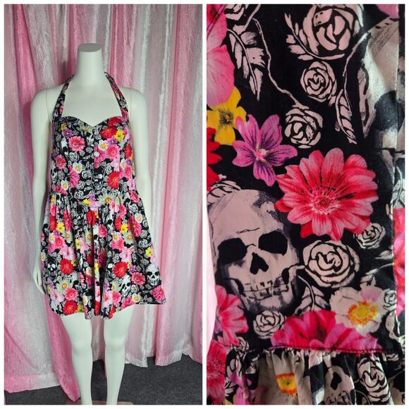 HELL BUNNY Dia de Los Muertos Sugar Skull Fit Flare Halter Dress Size Large - Picture 1 of 16
